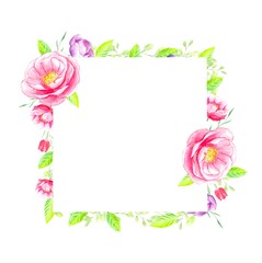 Watercolor square frame of flowers isolated on a white background.