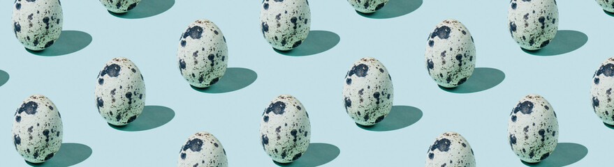 Banner made Organic eggs on blue background. Flat lay, top view