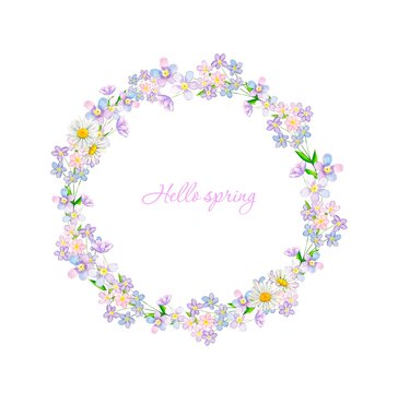 Watercolor spring flower wreath.isolated on white background.