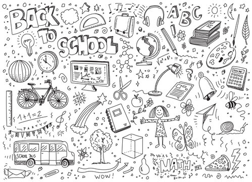 Back to school vector hand drawn doodles on white paper