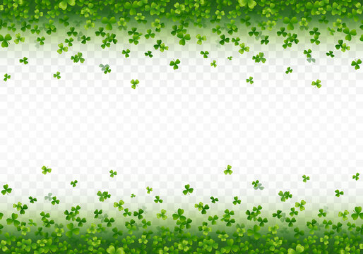 Shamrock leaves border isolated on transparent background. Green irish symbol Good Luck. Vector clover seamless pattern for Saint Patrick's Day holiday greeting card design