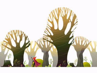 Vector illustration of spring forest. Trees, stones, mushrooms. Dwarf in a red coat.