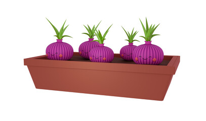 Cute onions in a box in cartoon style. 3d render illustration.
