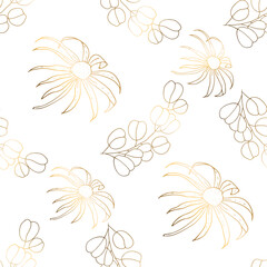 Seamless patterns. Luxurious golden foliage and chamomile isolated on white background. Line art. The line art is thin. Delicate floral pattern, gold leaf. vector file.