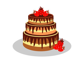 Layered cake, biscuit cakes, butter and chocolate cream, layer, strawberry decoration, color drawing on a transparent background