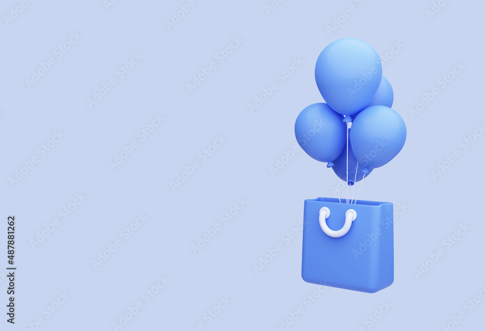 Aufkleber 3d flying shopping bag on balloons isolated on background. banner template with empty copy space. on