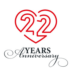 22 years anniversary celebration number thirteen bounded by a loving heart red modern love line design logo icon white background