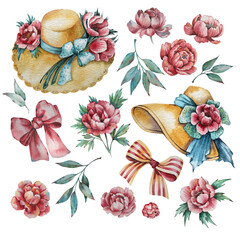 A set of watercolor images of women's hats, decorated with flowers and bows. Pink peonies with foliage.