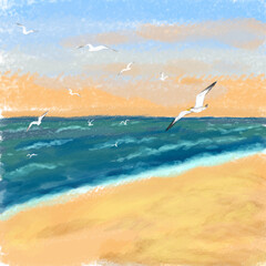 Seagulls flying in the evening sky over the wavy sea. Seascape and sandy shore. Digital illustration.