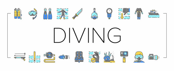 Diving Scuba Equipment Collection Icons Set Vector .