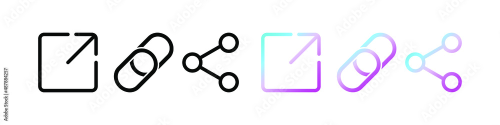 Poster link, share link, external link icon set. url symbols. redirecting links button. web ui design. vect