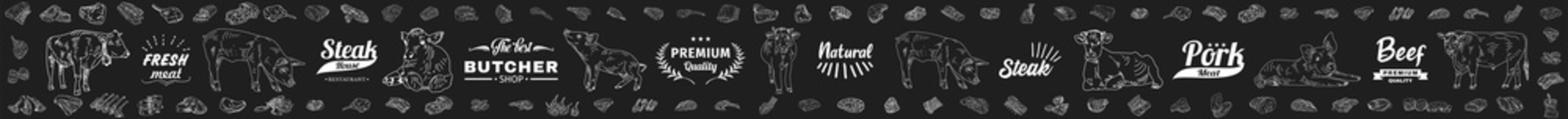 Vintage Butcher shop hand-drawn on a black chalkboard background. Butchery Cow Food Chalk Board Shop. Retro Menu Restaurant poster. Vector. © Hakan Kaçar