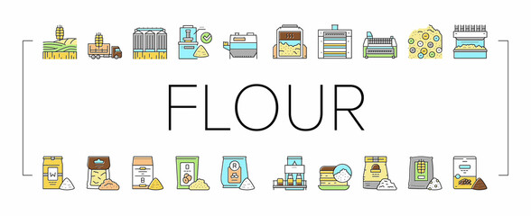 Flour Factory Industry Production Icons Set Vector .