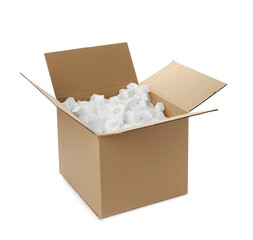 Cardboard box with styrofoam cubes isolated on white