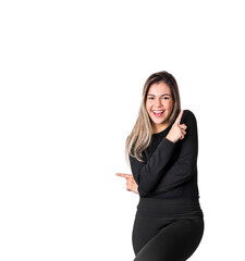 Young pretty confident manager business woman cross arms making face pointing up and left side isolated on white background