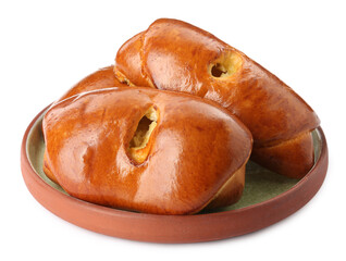 Plate with delicious baked patties on white background