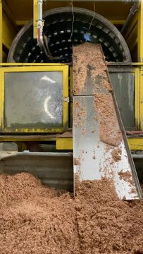 Copper granulate flowing out of a water separation machine.