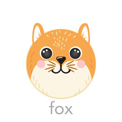 Fox Cute portrait with name text smile head cartoon round shape animal face, isolated vector icon illustrations on white background. Flat simple hand drawn for kids poster, t-shirts, baby clothes