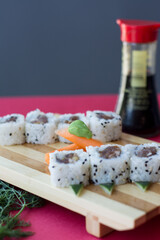 Sushi rolls. Japanese food. Making rice and fish roles.