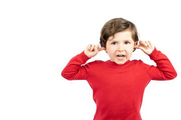 Kid closed ears with his hands white background