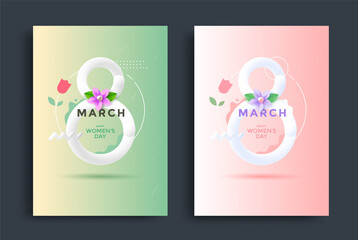 8 March greeting card design with flower. International Women's Day minimal poster with 3d number 8. Vector illustration
