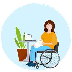 A girl in a wheelchair with a cat and a laptop. Work or study at home. Vector graphics