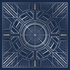 Silver art deco illustration with ornament on dark blue background