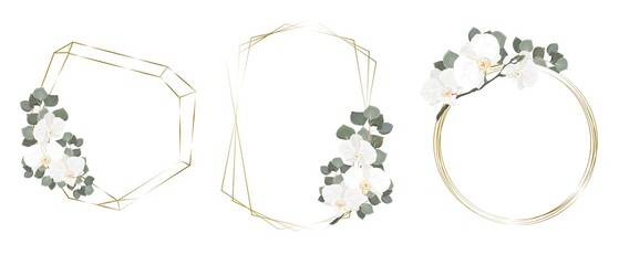 Vector flower set. Golden frames, white orchids, eucalyptus. Wedding design set - obrazy, fototapety, plakaty