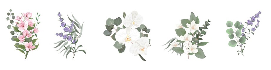 Vector set for floral design. Lavender flowers, white sakura, orchid, magnolia, eucalyptus, green plants and leaves. Floral arrangements on a white background