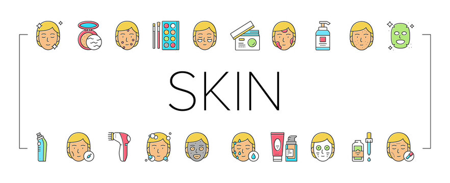 Facial Skin Care Treat Collection Icons Set Vector .