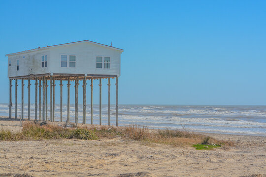 Hurricane Ike eroded beach sand from this abandoned home on the Gulf of Mexico, Bolivar Peninsula, Texas