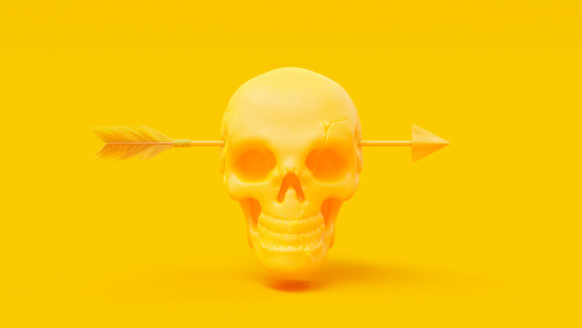 Yellow skull was shot through the head by an arrow or dart. minimal idea concept, 3D Render.