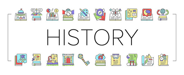 History Learn Educational Lesson Icons Set Vector .