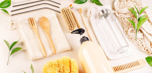 Plastic-free concept.Items for hygiene and face and body care made of eco-friendly materials.Personal care products made from natural materials.Flat lay of personal care zero waste supplies.