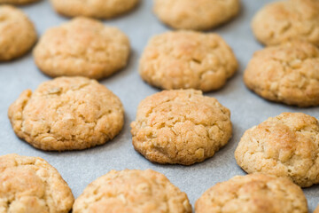 Freshly baked coconuts on baking paper.