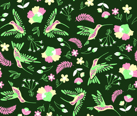 Seamless vector Illustrated surface pattern design with hummingbirds and flowers . Creative floral texture. Great for fabrics, backgrounds and textiles.