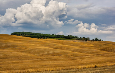 Cumulus clouds above cut wheat fields in Val d'Orcia Tuscany