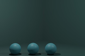 Three green rubber balls isolated on green background. 3d render