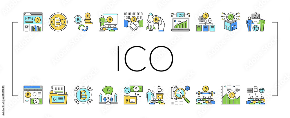Poster ico initial coin offer collection icons set vector .