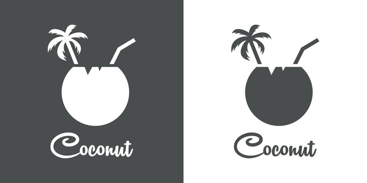Beach bar. Logo bebida de agua de coco. Banner con texto Coconut con coco con palmera en fondo gris y fondo blanco