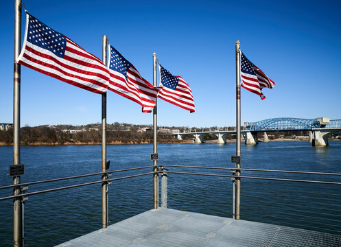 Four American Flags on Chattanooga Tennessee Pier