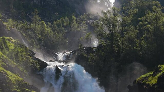 Latefossen Waterfall Odda Norway. Latefoss is a powerful, twin waterfall.