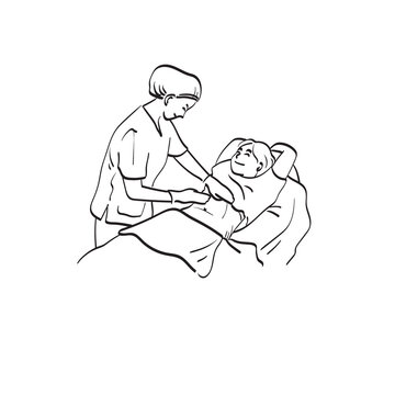 Midsection of female doctor applying gel on belly of pregnant woman for ultrasound in clinic illustration vector hand drawn isolated on white background line art.
