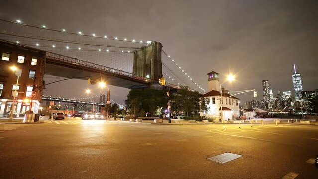 under brooklyn bridge night light street 4k timelapse from new york usa 