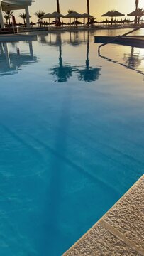 View of blue swimming pool from the bottom to the sky with the palm trees landscape. Swimming pool with palm trees reflections at dawn