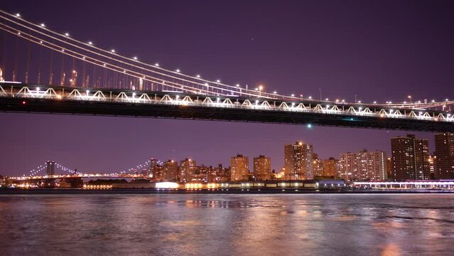 hudson river night light brooklyn bridge panorama 4k timelapse from new york