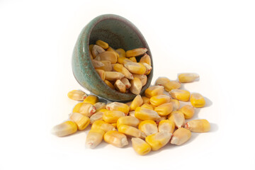 Organic Whole Kernel Corn Spilled from a Small Green Pottery Bowl