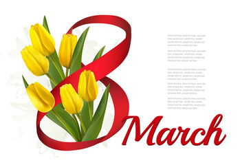 8th March illustration. Holiday yellow flowers background with yellow tulips and red ribbon. Vector.