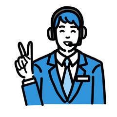 ピースサインをして笑顔のオペレーターの若い男性
