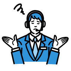 両手を上げて困っているオペレーターの若い男性
